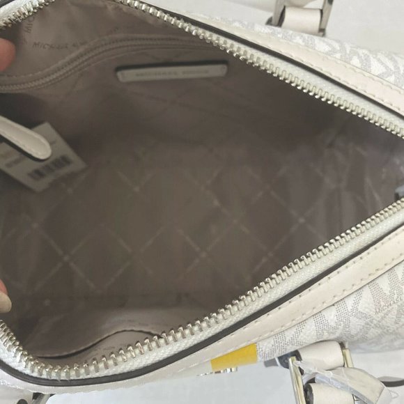 New Michael Kors Bedford Small Duffle Satchel Bright White with Yellow Stripe - Picture 6 of 6